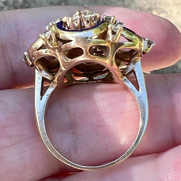 VINTAGE 14K YELLOW GOLD DIAMOND COBALT BLUE ENAMEL RING STATEMENT CUSTOM MADE - Picture 5 of 16
